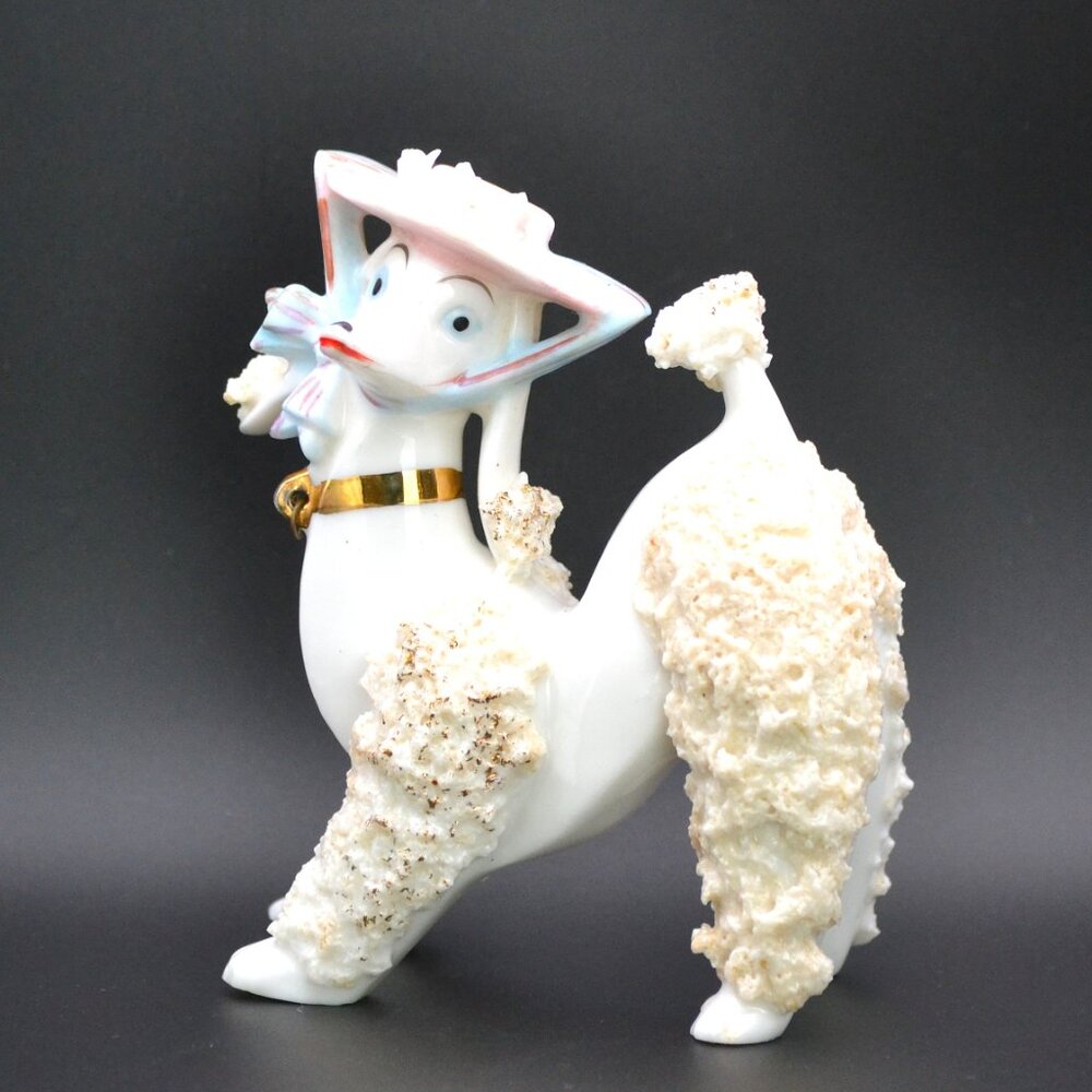 White Spaghetti Lady Poodle Dog Figurine With Hat